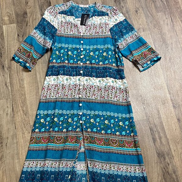 NWT R Vivimos Floral Wrap Dress Maxi Button Front Size Medium - Picture 1 of 7